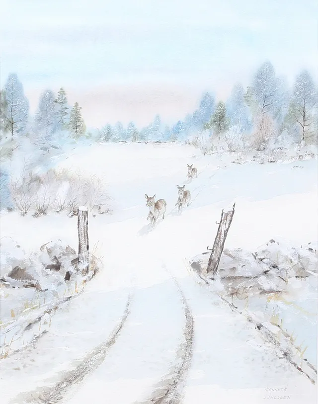 KENNETH LINDGREN. (Född 1937 i Västervik), Akvarell, rådjur på vinterväg, signerad.