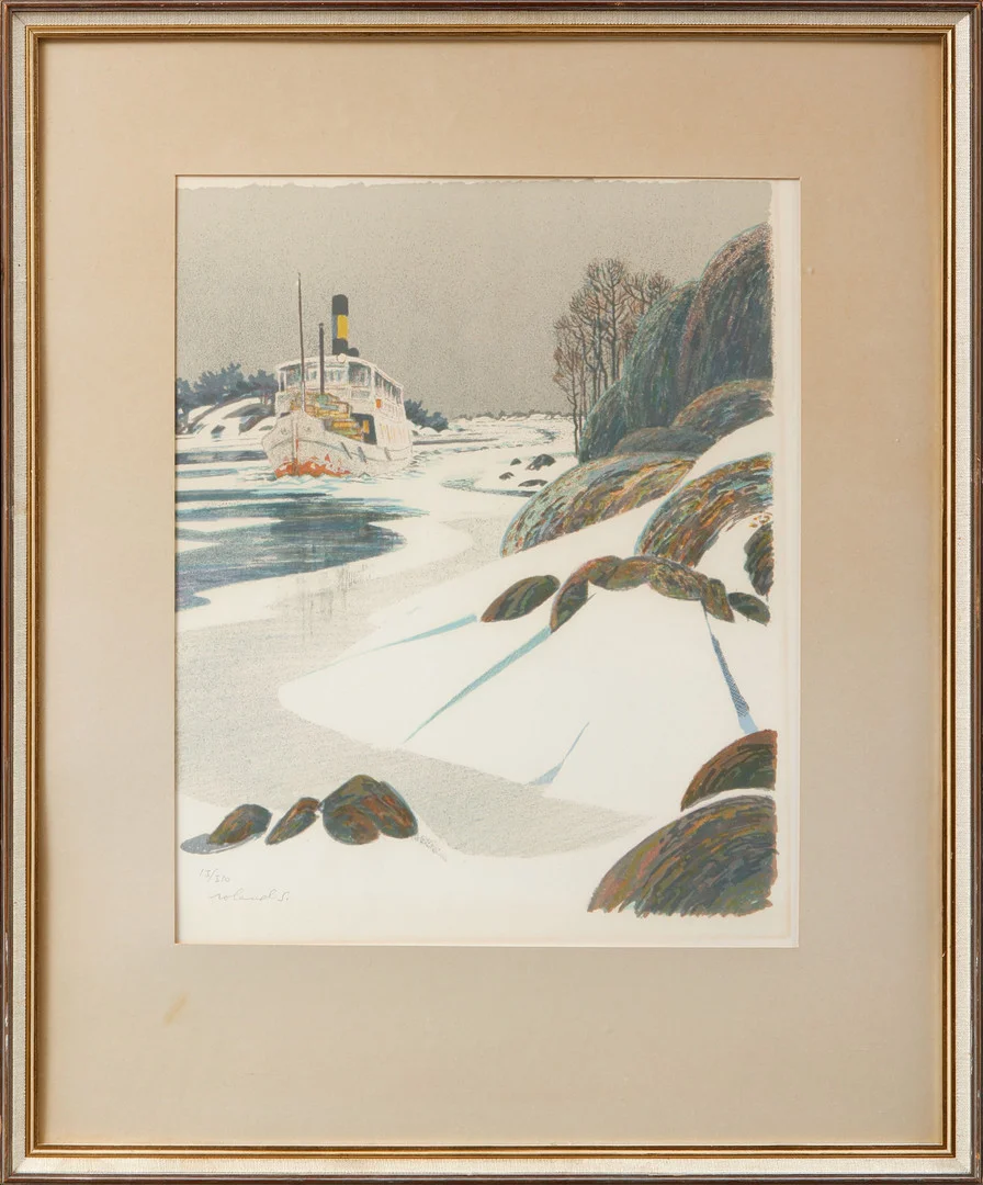 ROLAND SVENSSON. "Menföresbåten", färglitografi, signerad och numrerad 13/310. — Engravings & Prints — Göteborgs Auktionsverk