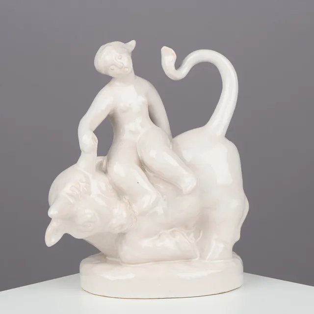 GERTRUD KUDIELKA (1896-1984). White-glazed ceramic sculpture depicting "Europa and the Bull", model no. 523, Lauritz Hjorth, Bornholm, Denmark, mid-20th century.