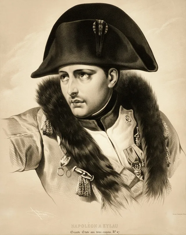 BERNARD-ROMAIN JULIEN (1802-1871), "Napoléon a Eylan (Grand Etude aux deux crayons No 47)". Litografi, 1845, efter Antoine Gros (1731-1835). Tryckt av Lemercier, Paris och utgiven av François Delarue, Paris.