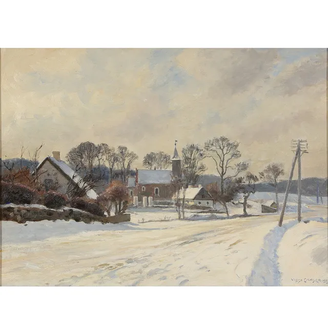 VIGGO LANGER (1860-1942). Nøddebo ved vintertid, olie på lærred, 1933.