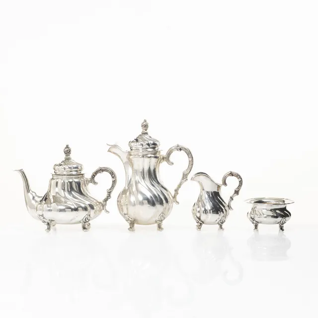 Kaffe- och teservis, 4 delar, silver, rokokostil, Tyskland 1900-tal.