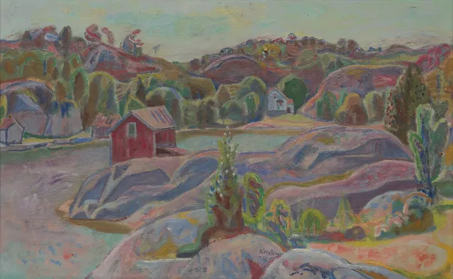 Storstein, Aage — "Ronnabugten (med de gamle sjøbuene)" Justøy 1958