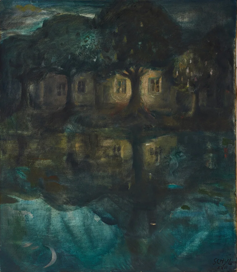 JULES SCHYL (1893-1977). Hus vid sjön i månsken, signerad och daterad XXII (1922), olja på duk. — Paintings — Crafoord Auktioner Stockholm