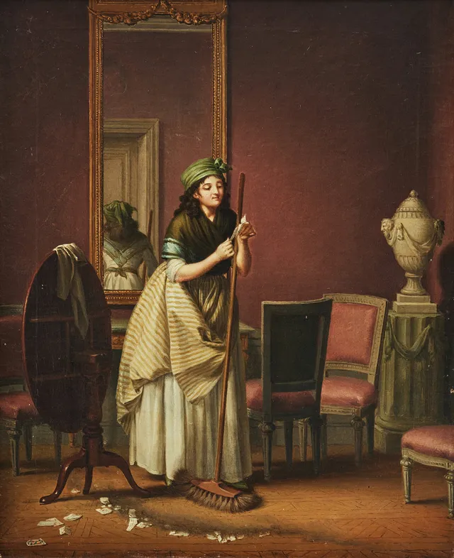 PEHR HILLESTRÖM (1732-1816). "En piga som under det hon sopar, uptar bitar af en sönder rifven billet och söker att se dess innehåll".