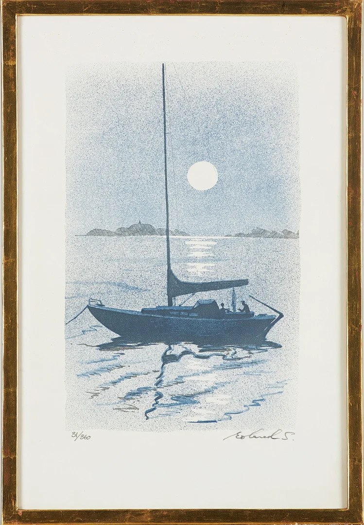 ROLAND SVENSSON. "Båtsnack", färglitografi, signerad roland S, 61/360. — Engravings & Prints — Stockholms Auktionsverk Magasin 5