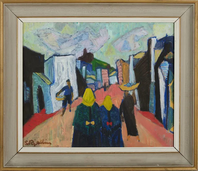 STIG KJELLIN (1914-1979). abstrakt figurscen, olja på pannå, signerad Stig Kjellin.