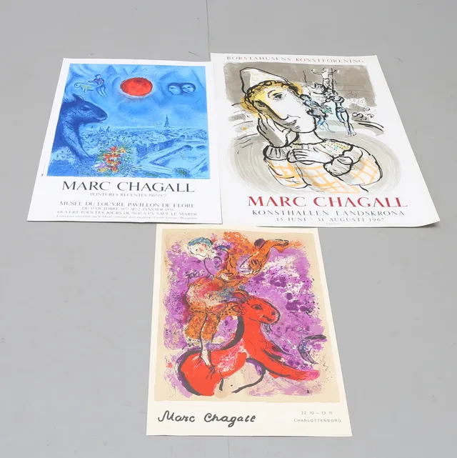 UTSTÄLLNINGASAFFISCHER, 3 ST, efter Marc Chagall, 1960/70-tal, Mourlot och Permild, litografiska tryck.