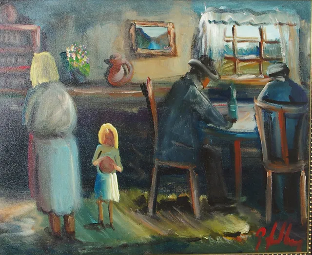 GÖTE LUNDBERG. Interiör med kvinna och barn, olja på duk, signerad G. Lundberg.