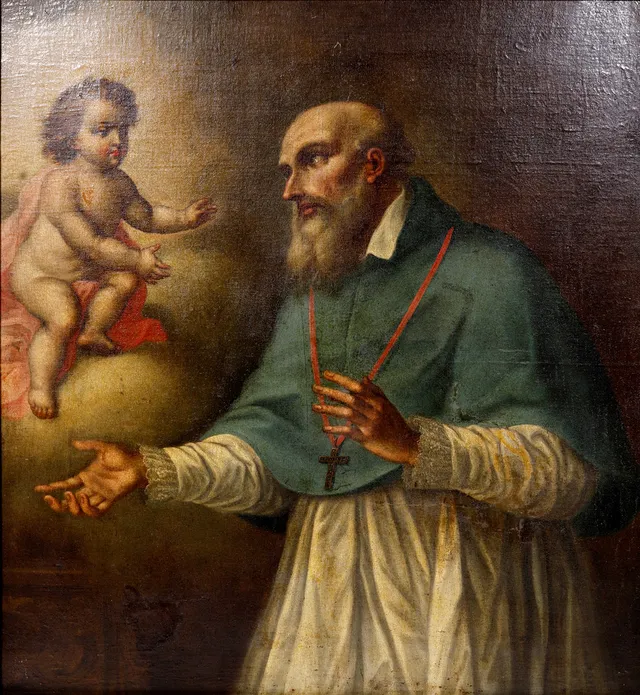 ESCUELA ESPAÑOLA SIGLO XVIII. APARICIÓN DEL NIÑO JESÚS AL SANTO. ÓLEO SOBRE LIENZO.