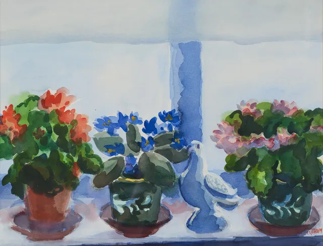 CHARLES SJÖHOLM. Blommor längst fönsterkarmen, akvarell på papper, signerad.