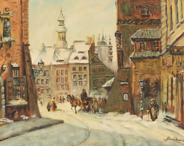 JAN RAWICZ. Stad i vinterskrud, olja på duk, signerad.