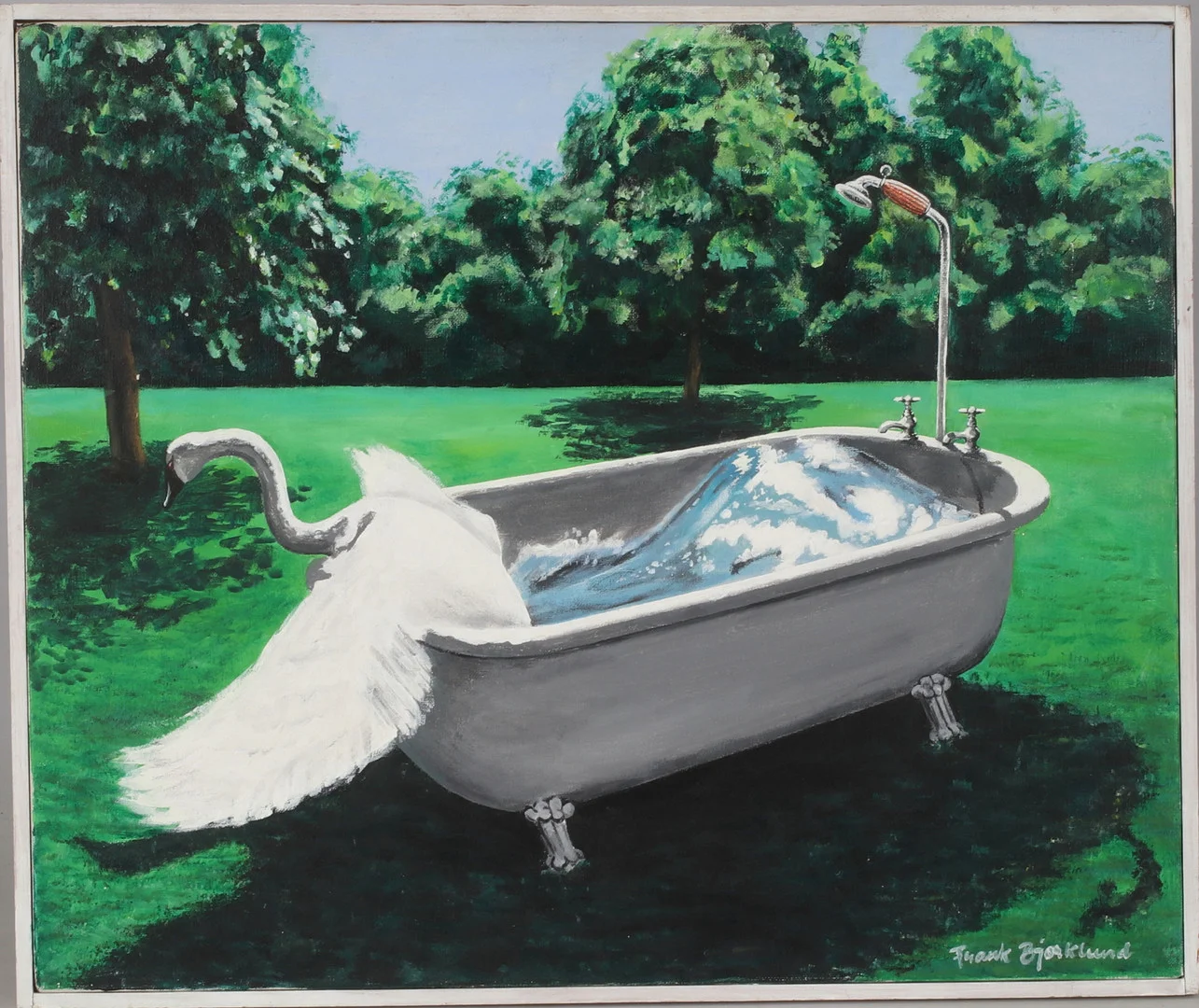 FRANK BJÖRKLUND. "Scen ur svansjön", olja på duk, signerad. — Paintings — Stadsauktion Sundsvall