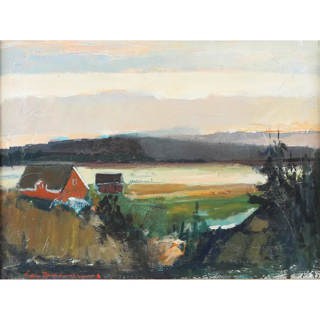 ÅKE JOHANSSON (1893-1967). Marklandskab med hus, olie på lærred.