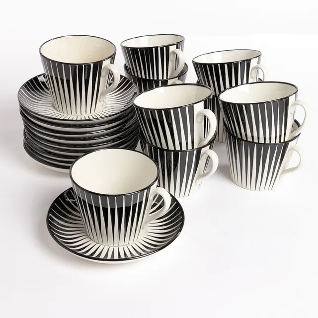 EUGEN TROST. tekoppar med fat, 10 dlr., porslin, "Zebra", Upsala-Ekeby, Gefle, 1900-talets mitt.