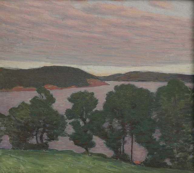 FRITZ LINDSTRÖM. Olja på pannå, "Utsikt över Racken, Värmland", signerad.