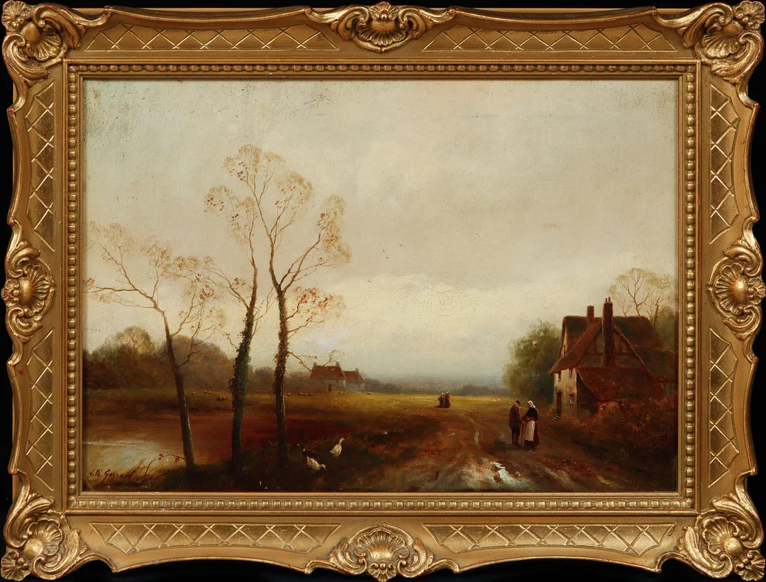 JAMES WALTER GOZZARD. Landskap med hus och figurer, olja på duk, signerad. — Paintings — Göteborgs Auktionsverk