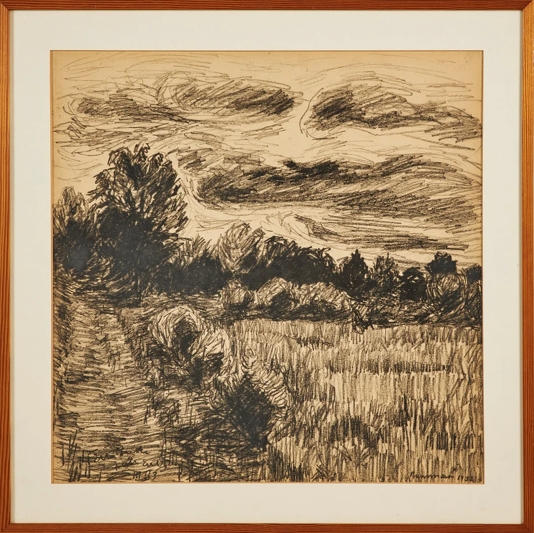 EVERT LUNDQUIST. Motiv från Runmarö, kolteckning, signerad och daterad 1932, med dedikation. — Drawings — Stockholms Auktionsverk Sickla