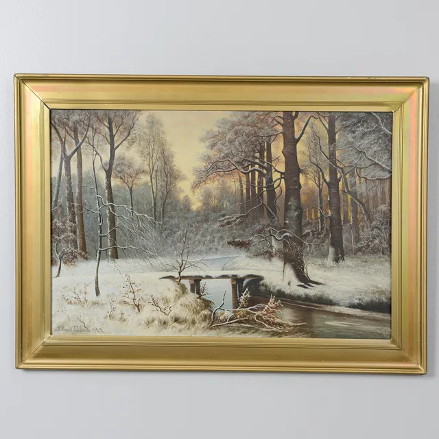 OIDENTIFIERAD KONSTNÄR. Vinterlandskap, olja på duk, signerad J Leufstadius och daterad 1922.