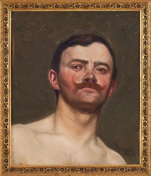 ERIK TRYGGELIN. Porträtt möjligen självporträtt, olja på pannå, signerad och daterad E, Tryggelin, 23 Mars -04.