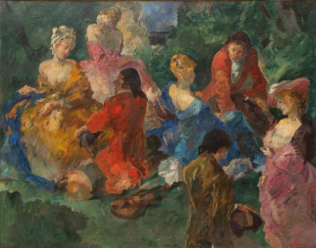 LUDVIG JACOBSEN (1890-1957). "Une excursion á la Campagne", olja på duk, signerad.