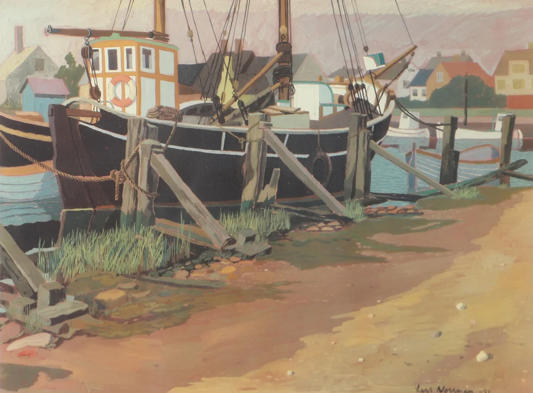 LARS NORRMAN. Hamn med fiskebåt, grafiskt blad, signerad -51. — Engravings & Prints — Helsingborgs Auktionskammare
