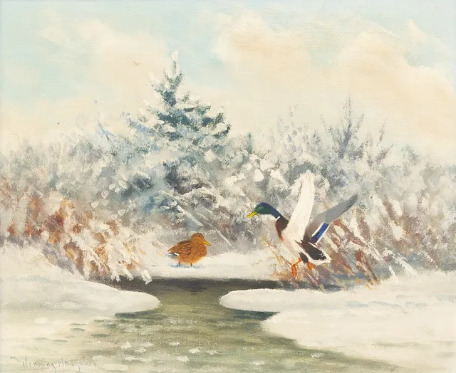 HENNING HOUGAARD. Andflykt vinterlandskap, olja på duk, signerad.
