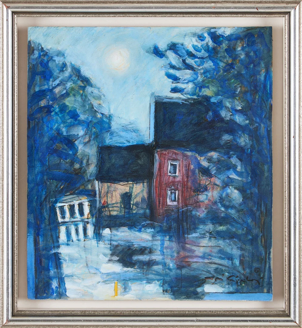 JUSSI TAIPALEENMÄKI. "Kvarndammen / Idyll", olja och blandteknik på papp-pannå, signerad, -93. — Paintings — Stockholms Auktionsverk Magasin 5