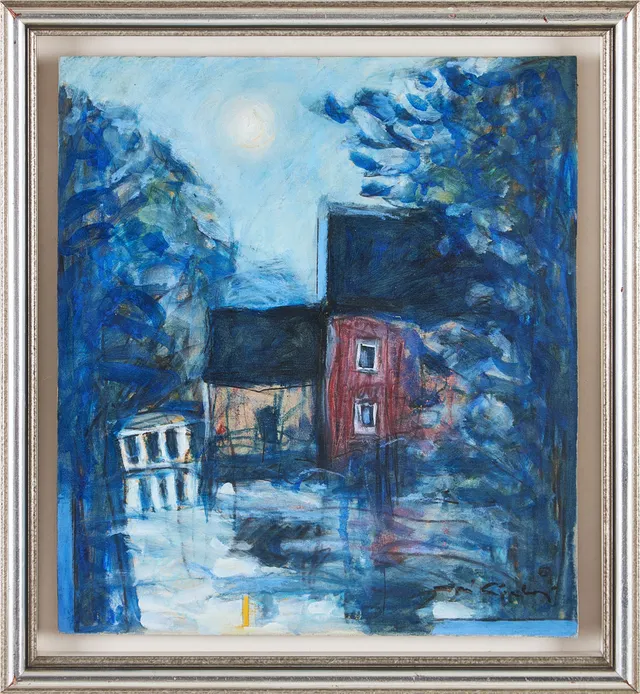 JUSSI TAIPALEENMÄKI. "Kvarndammen / Idyll", olja och blandteknik på papp-pannå, signerad, -93.