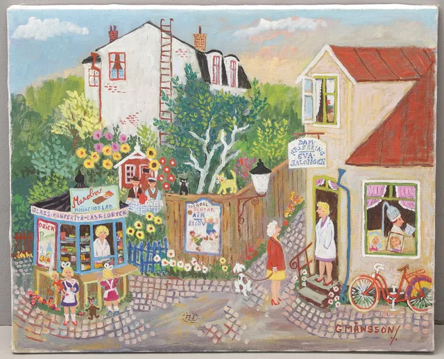 GÖSTA MÅNSSON. "Kiosken", olja på duk, signerad.