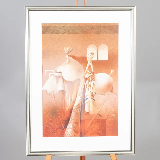 JOSEP BAQUÉS. Färglitografi. komposition, signerad.