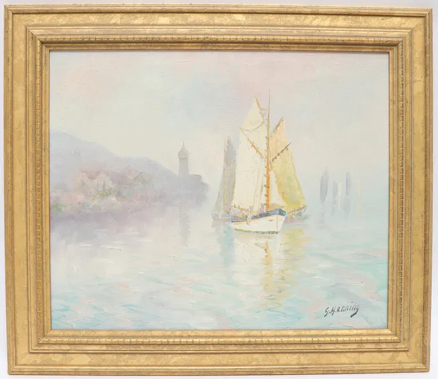 GÖSTA HENNING. Hamnbild med segelbåt, signerad, oljemålning på duk.