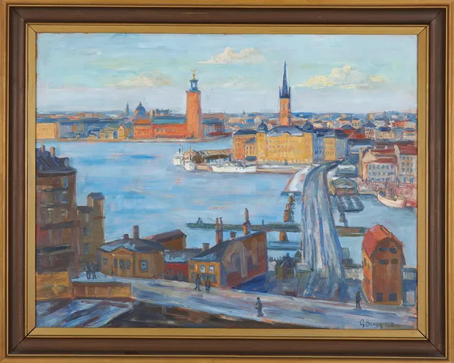 GUNNAR BERGQVIST. Vy över slussen, olja på pannå, signerad G Bergqvist.