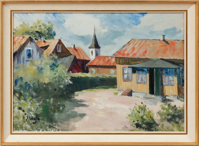 HENRIK SKAGH. "Bakom kyrkan Kungsbacka", , olja på duk, signerad.