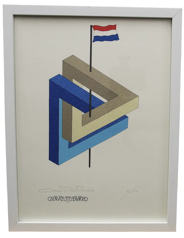 OSCAR REUTERSVÄRD. Färglitografi ur mappen "Fifteen European Impossible Figures". Holland, numrerad 53/210, signerad.