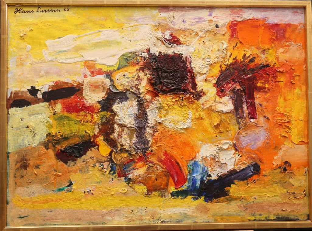 HANS LARSSON. Olja på duk, "Orangegult landskap", signerad, daterad -65. — Paintings — Limhamns Auktionsbyrå