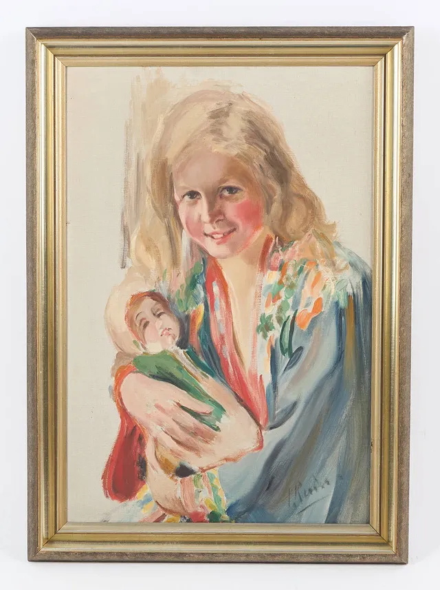 INGRID RUIN. Mor och barn, signerad, olja på duk.