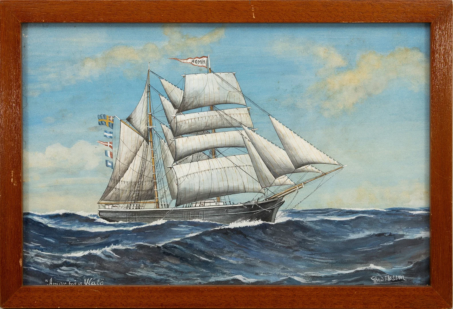 GUSTAF FREDRIKSSON. Skeppsporträtt, "Roma", blandteknik, signerad. — Paintings — Auktionshuset Kolonn