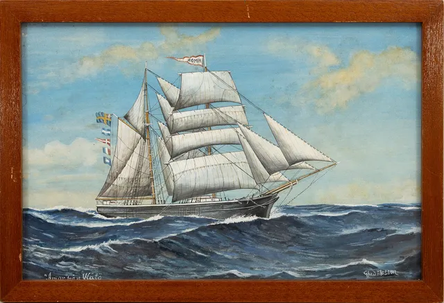 GUSTAF FREDRIKSSON. Skeppsporträtt, "Roma", blandteknik, signerad.