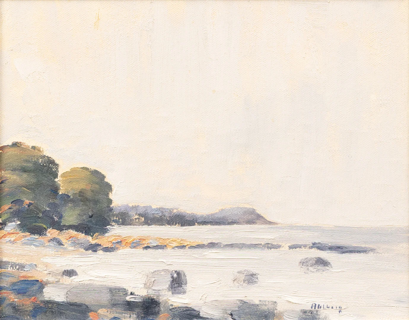ROLF AHLBERG. Motiv från "Flaged", Baskemölla, olja på pannå, signerad. — Paintings — Garpenhus Auktioner