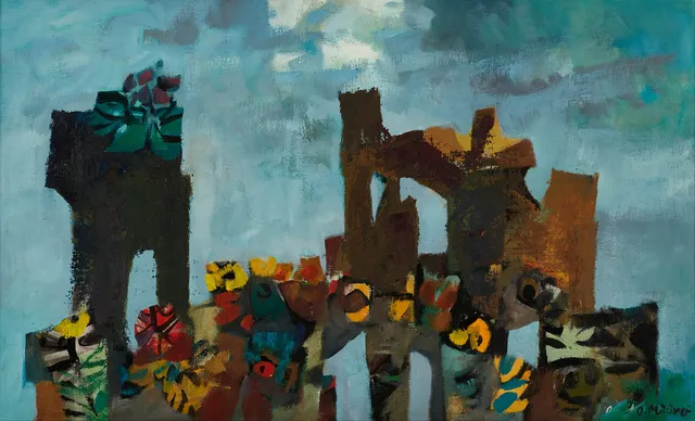 OLEV MIKIVER (Estland 1922-1994); Blommande ruin, daterad 1975-77, signerad O Mikiver, olja på duk.