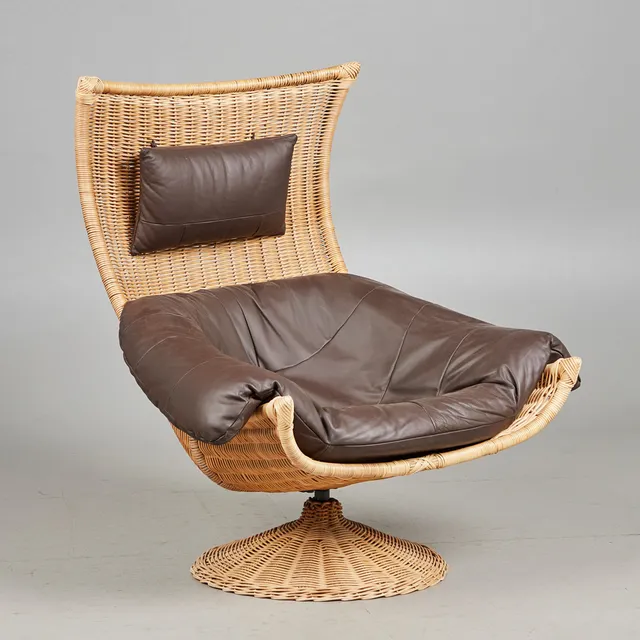GERARD VAN DEN BERG. Montis, Korbsessel / Hochlehner, Korbgeflecht, Leder, 1960er Jahre, Niederlande.