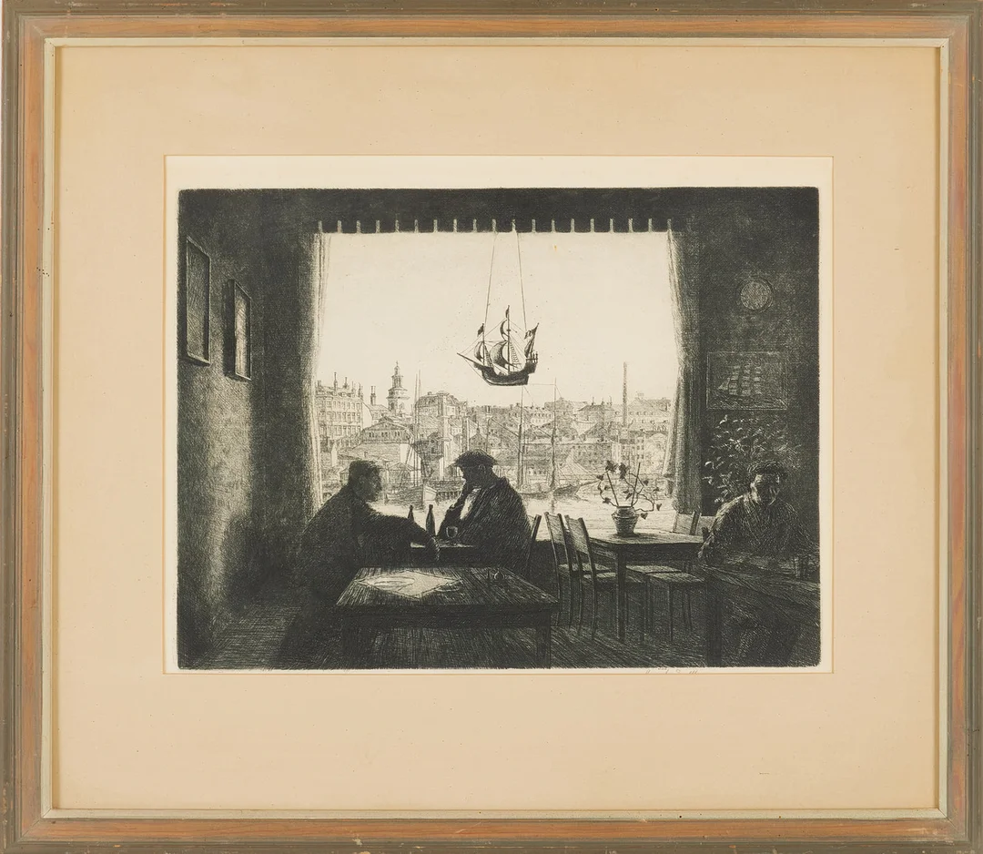 HARALD SALLBERG. Barinteriör, etsning, signerad. — Engravings & Prints — Stockholms Auktionsverk Sickla