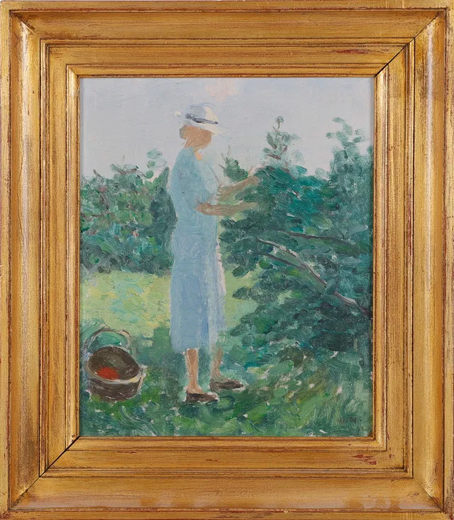 WILLIAM NORDING (1884-1956). Kvinna i trädgård, monogramsignerad och daterad WM -42, olja på pannå.