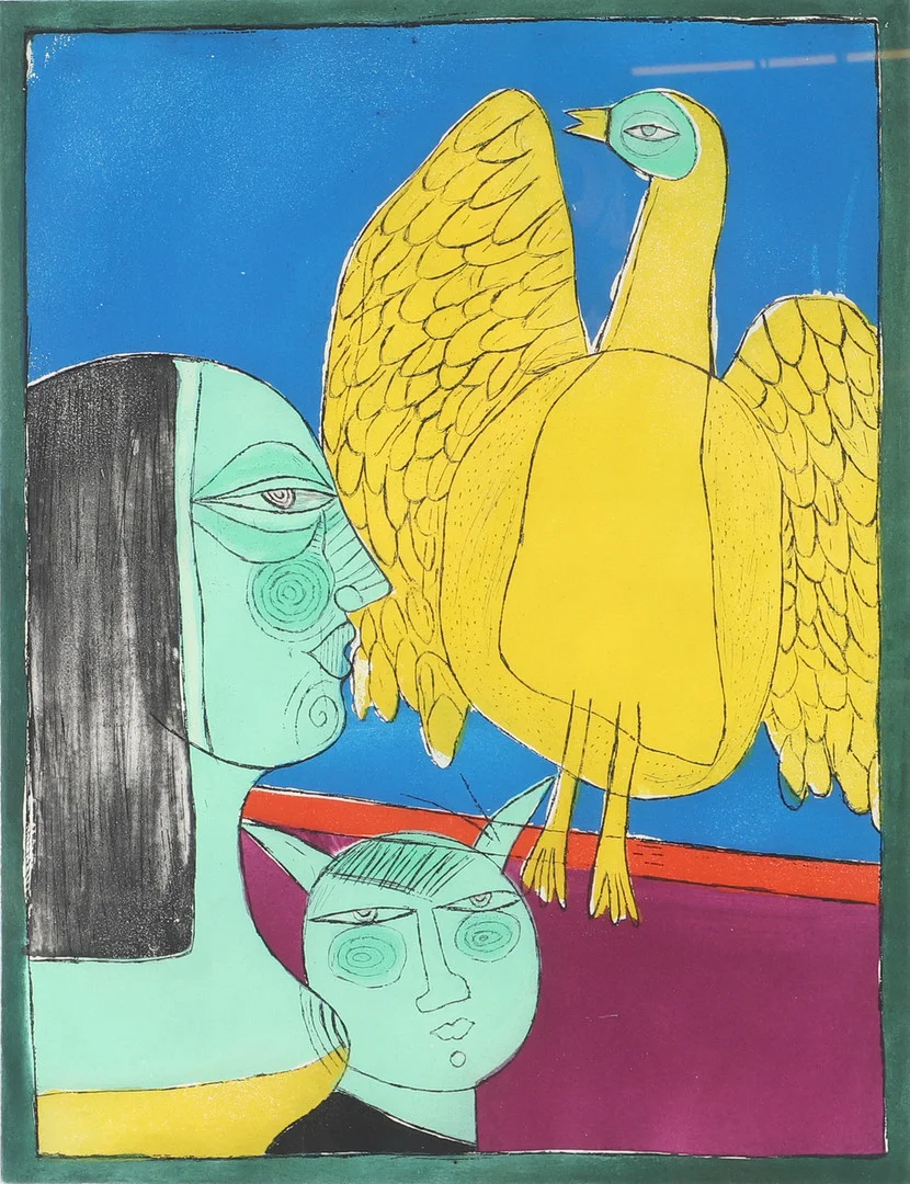 BEVERLOO CORNEILLE. Komposition med figurer och fågel, färglitografi, signerad -78. — Engravings & Prints — Helsingborgs Auktionskammare