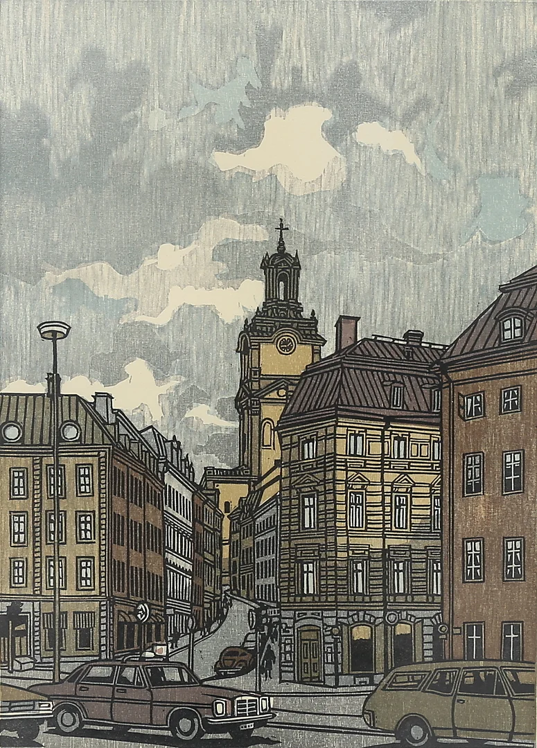 SVENOLOV EHRÉN. Stockholmsmotiv. Färglitografi, signerad, daterad 74, numrerad 56/360. — Engravings & Prints — Växjö Auktionskammare
