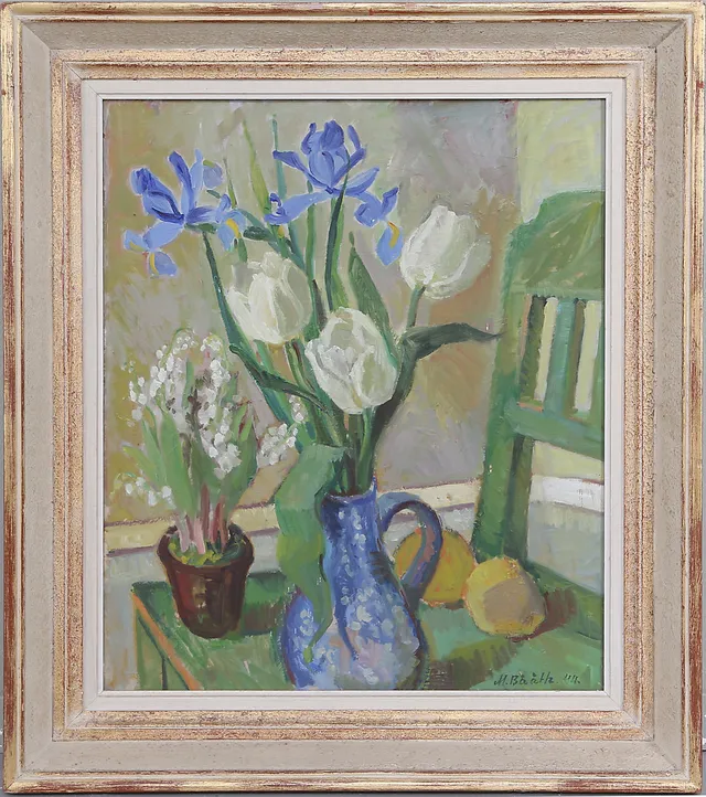 MAJA BÅÅTH. "Iris & Tulpaner", olja på pannå, signerad och daterad -44.