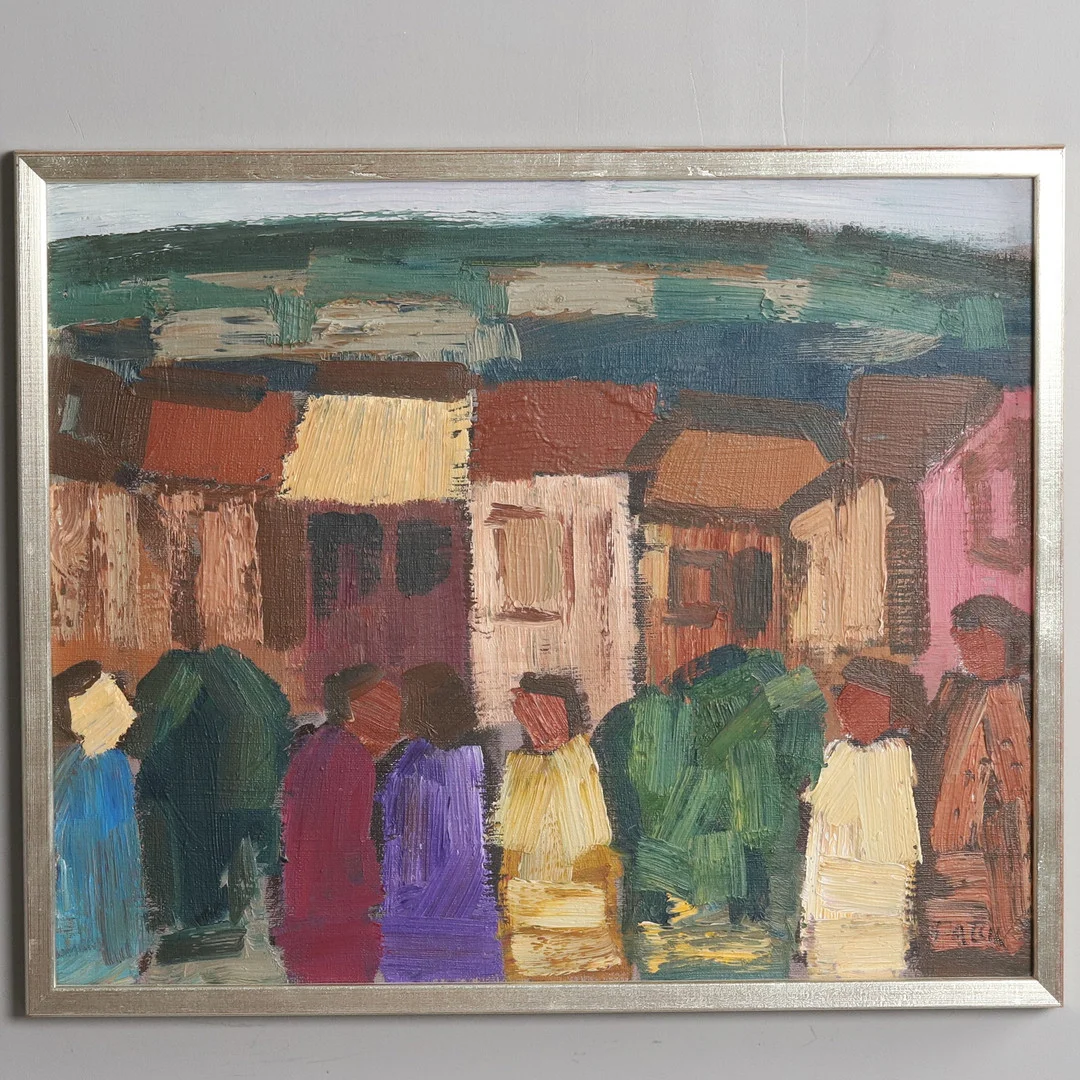 GÖSTA FALCK. Olja på duk, "Stadsscen", signerad. — Paintings — Örebro Stadsauktioner