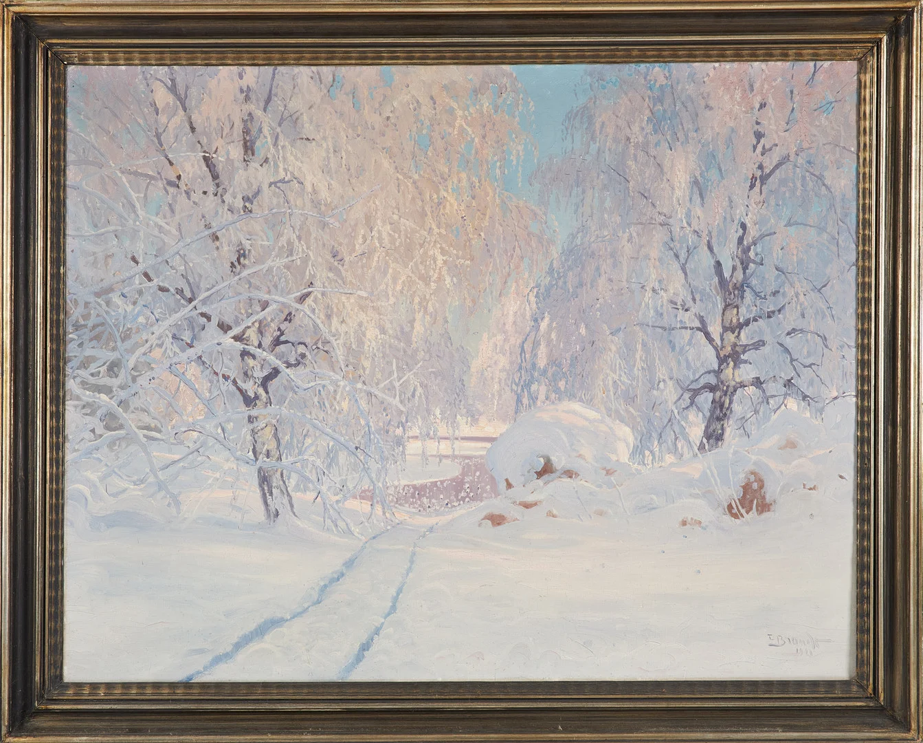 CARL BRANDT. Vinterlandskap vid sjö, olja på duk, signerad C Brandt, 1921. — Paintings — Stockholms Auktionsverk Sickla