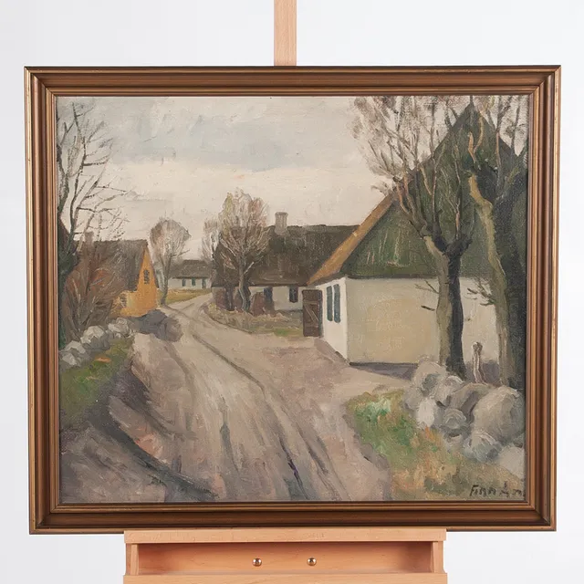 FINN ANDERSEN (1909-1987). Olja på duk, Landsväg med gårdar, Signerad.